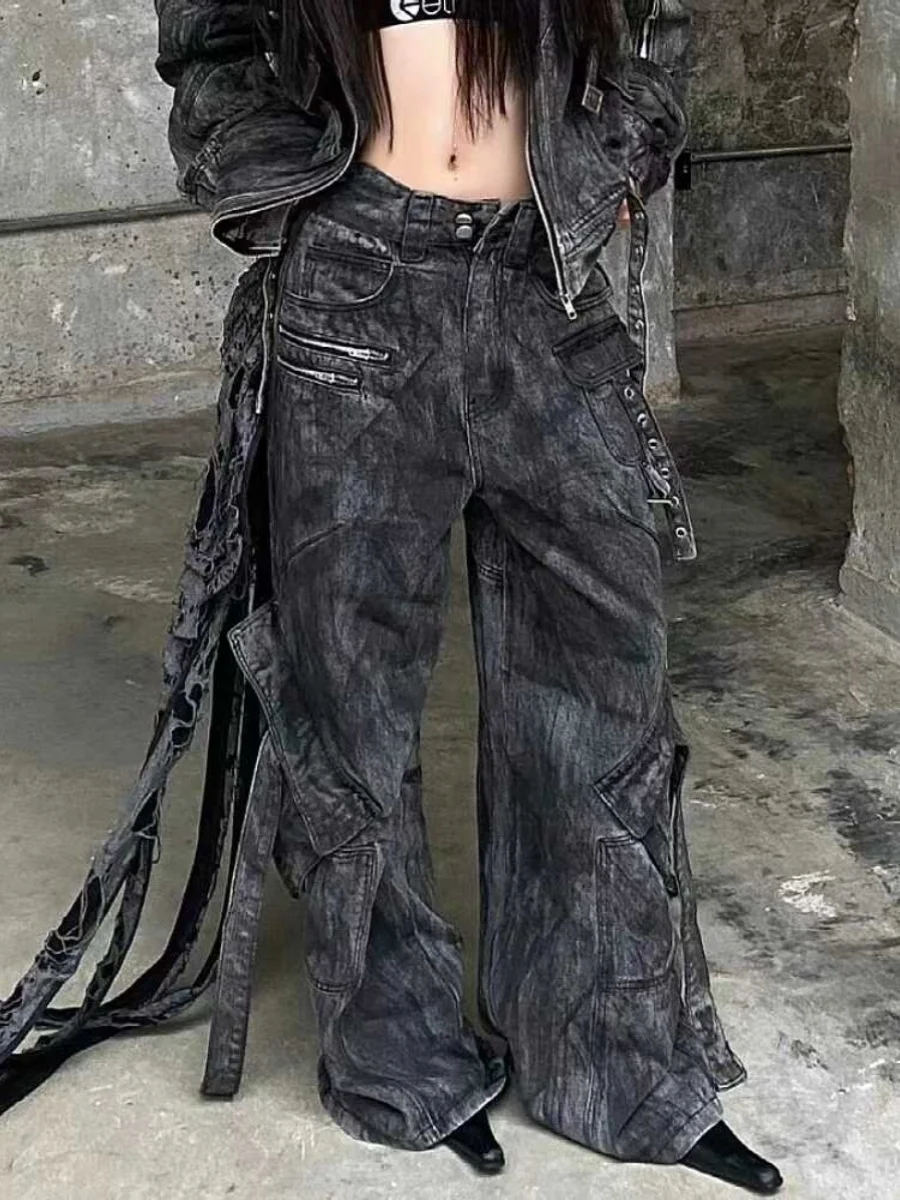 American Sle Loose Fit Zipper Multi-ket Design Heavyweight Straight Leg Micro Flared Workwear Denim Jeans for Men