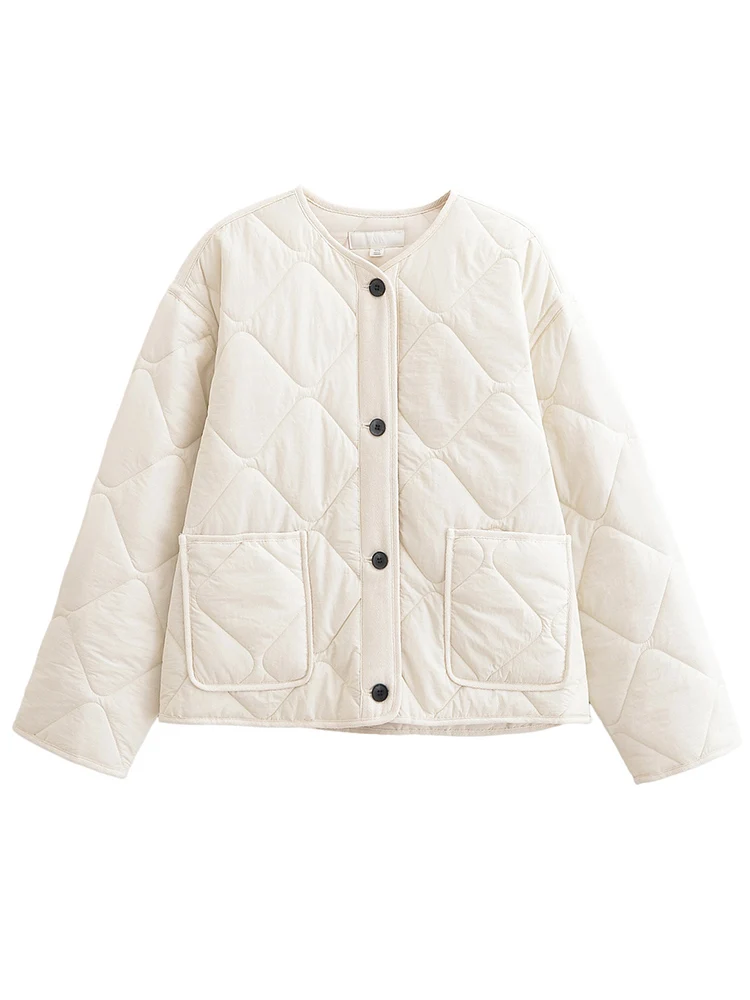 Casual Women's Cotton Jacket O Neck Coat Autumn Winter Fashionable Comfortable Female Long Sleeve Loose Large Pocket Outerwear