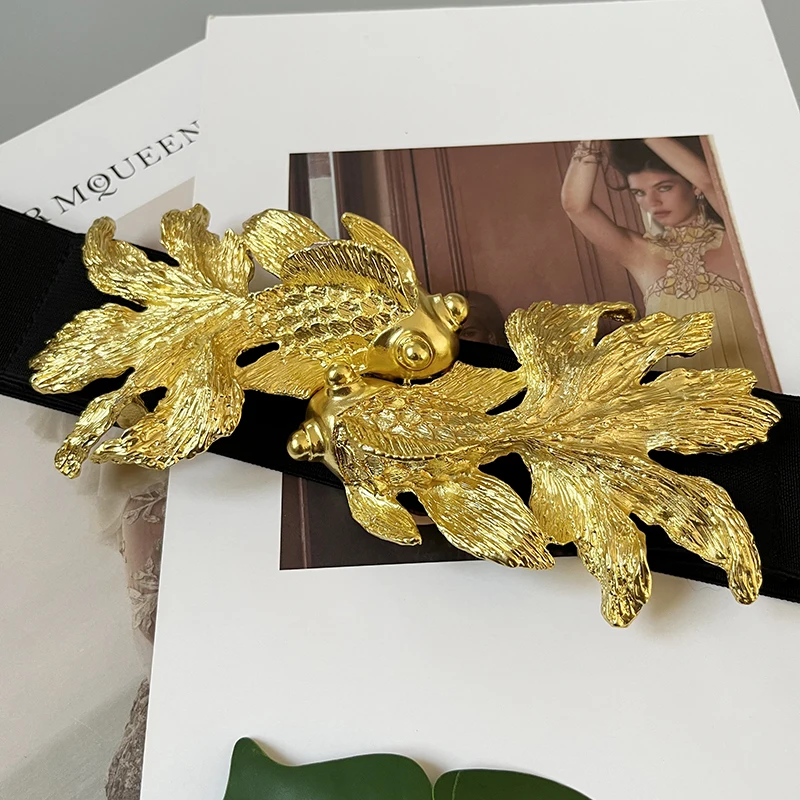 Golden Waist Belts Fashion Women\'s Metal Wide Waistband Luxury Brand Designer Ladies Genuine leather Elastic For Dress Belt