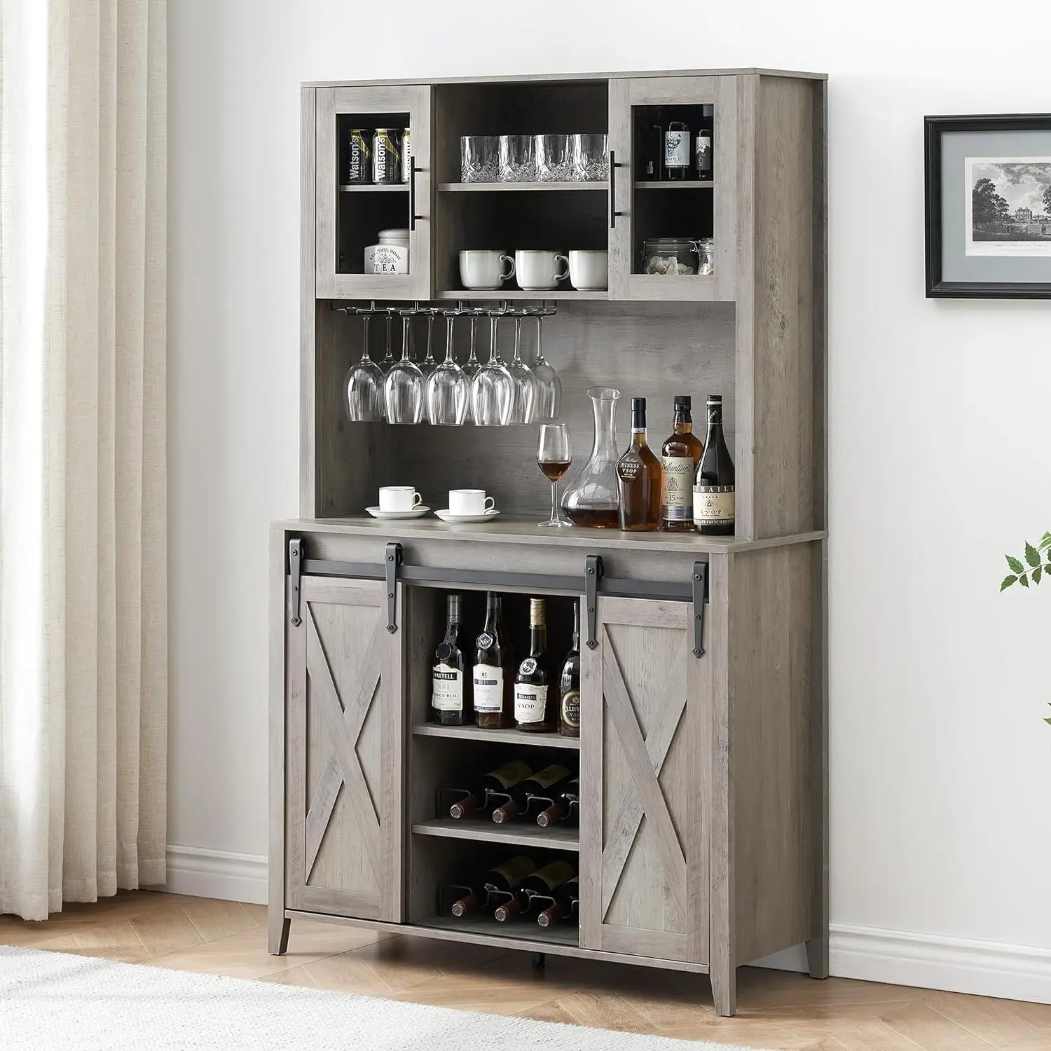 

IDEALHOUSE Farmhouse Bar Cabinet with Sliding Barn Door, 70" Rustic Buffet Cabinet with Storage Shelves, Liquor Cabinet
