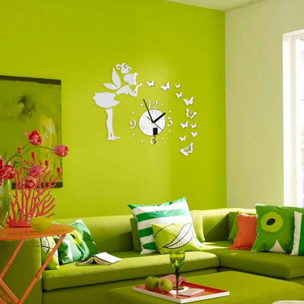 DIY 3D Butterflies Fairy Girl Wall Sticker Mirror Wall Clocks Office Home Decoration