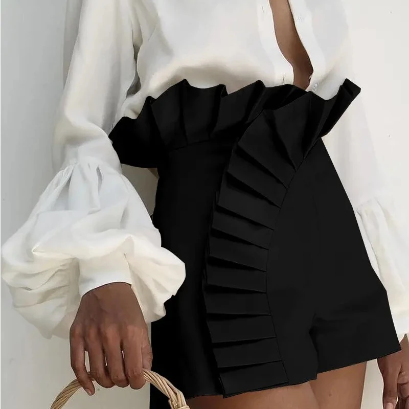 2023 Summer Women's Shorts Fashion Solid Color Ruffled Hem Pleated High Waist Sexy Versatile Street Shorts Womens Clothing