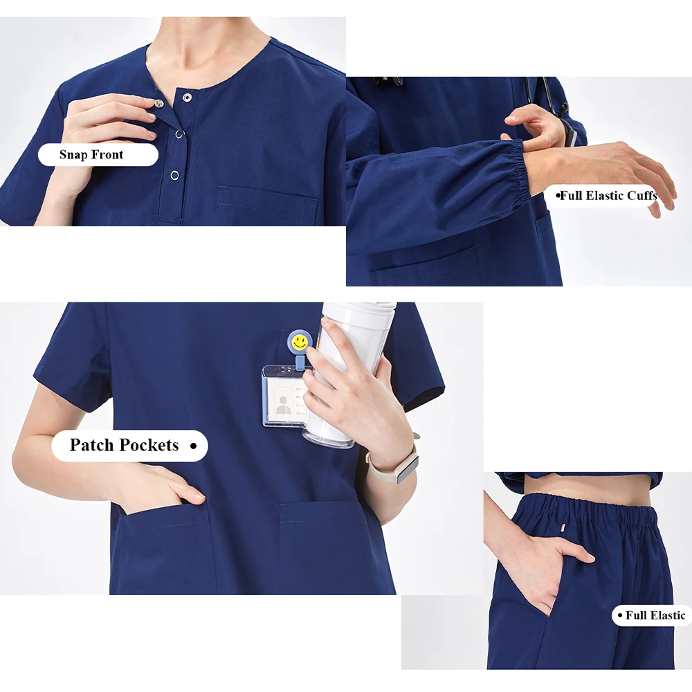 Durable Navy Crew-Neck Nursing Uniform - Breathable Polyester Cotton Blend