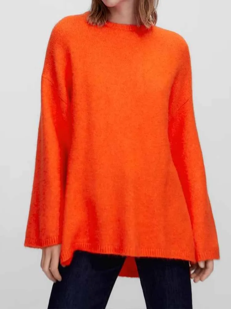

Women New Fashion Side split design loose Casual Knitted Sweater Vintage Flare Long Sleeve Female Pullovers Chic Tops