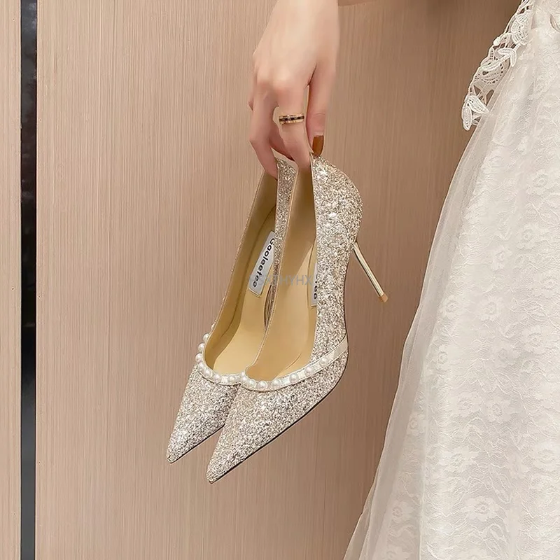 

Pointed Top Stiletto Heel Pearl Ornament Wedding Shoe Women's High Heel 2022 Korean Style Latest Design Large Size 42 Women Shoe