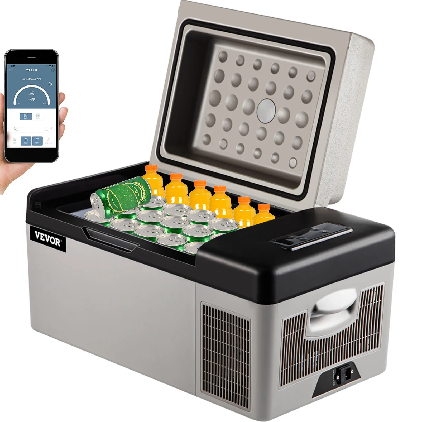 VEVOR portable refrigerator with drinks and open lid, controlled via smartphone app.