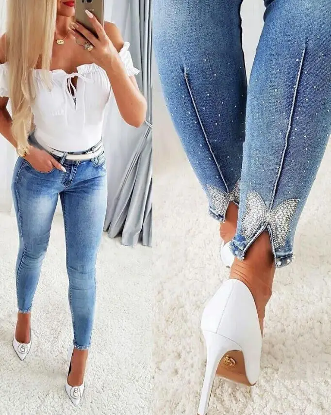 Pants for Woman 2023 New Rhinestone Beaded Butterfly Pattern Split Hem Skinny Jeans Without Belt All-Match Denim Trousers