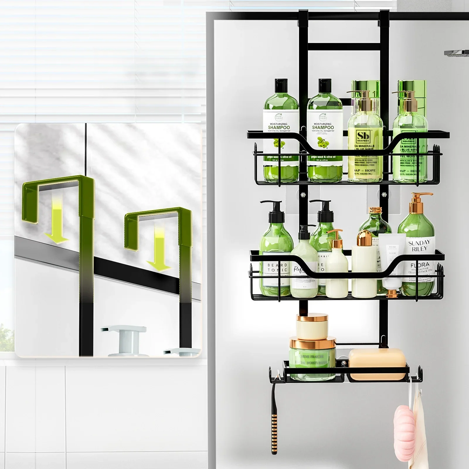 Drill-Free Bathroom Shelf Over Door Hanging Organizer Wall-Mounted Basket Rack Multi-Layer Shower Room Storage Shelf for Toilet 2
