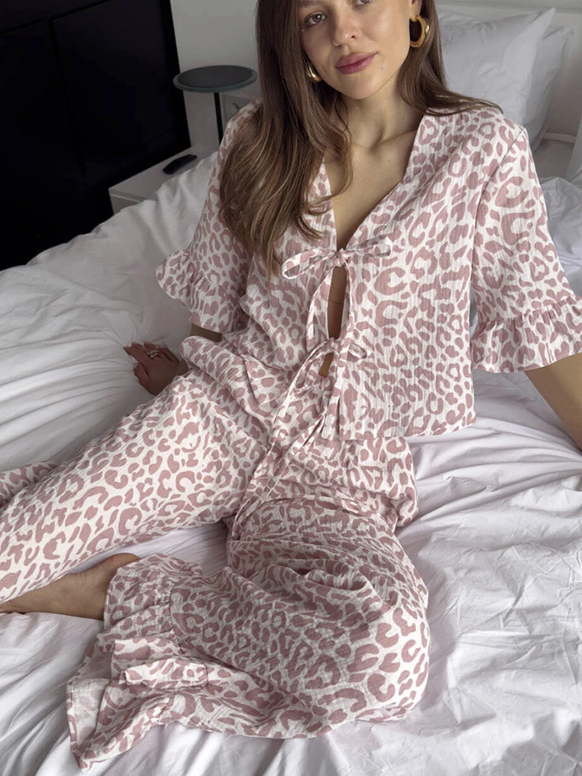 Marthaqiqi Leopard Print Female Pajama Set Sexy V-Neck Pajama Half Sleeve Nightie Lace Up Nightwear Pants Causal Nightgowns Suit