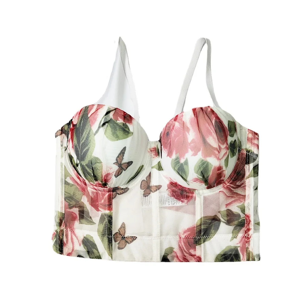 

Sexy Mesh Rose Flower Print Women Sweet Corset Top Sexy Bustiers Lace Bra Lady Camis Overbust Cropped Tops Club Party Lingerie