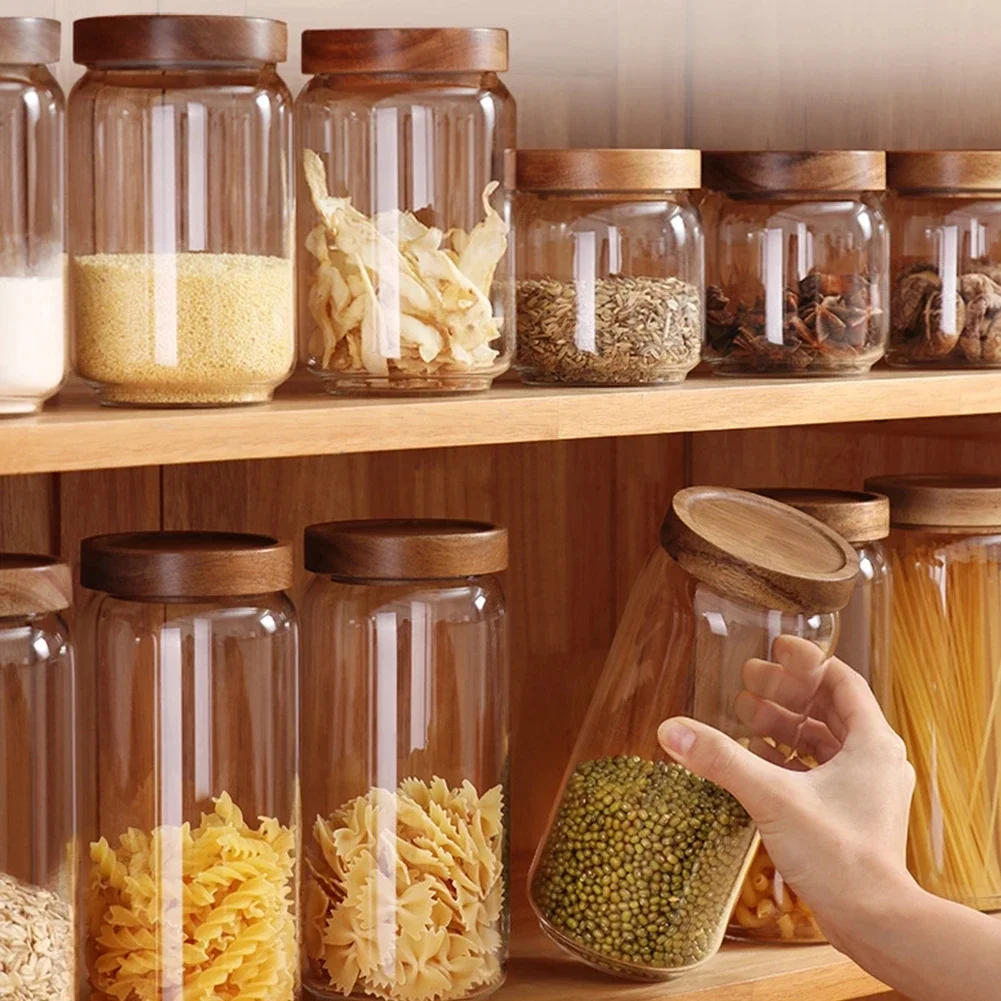 Kitchen Glass Storage Jars Airtight Lids Wooden Lid Glass Pantry Canister Beans Rice Sugar Organizer