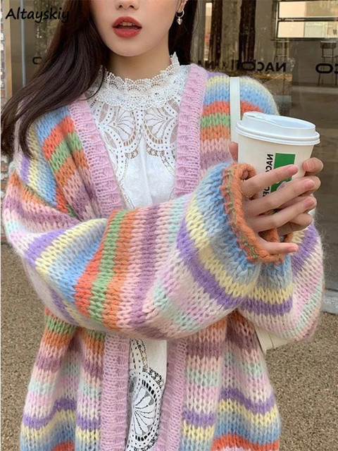 Striped Panelled Cardigan Women Colorful All-match Harajuku Baggy
