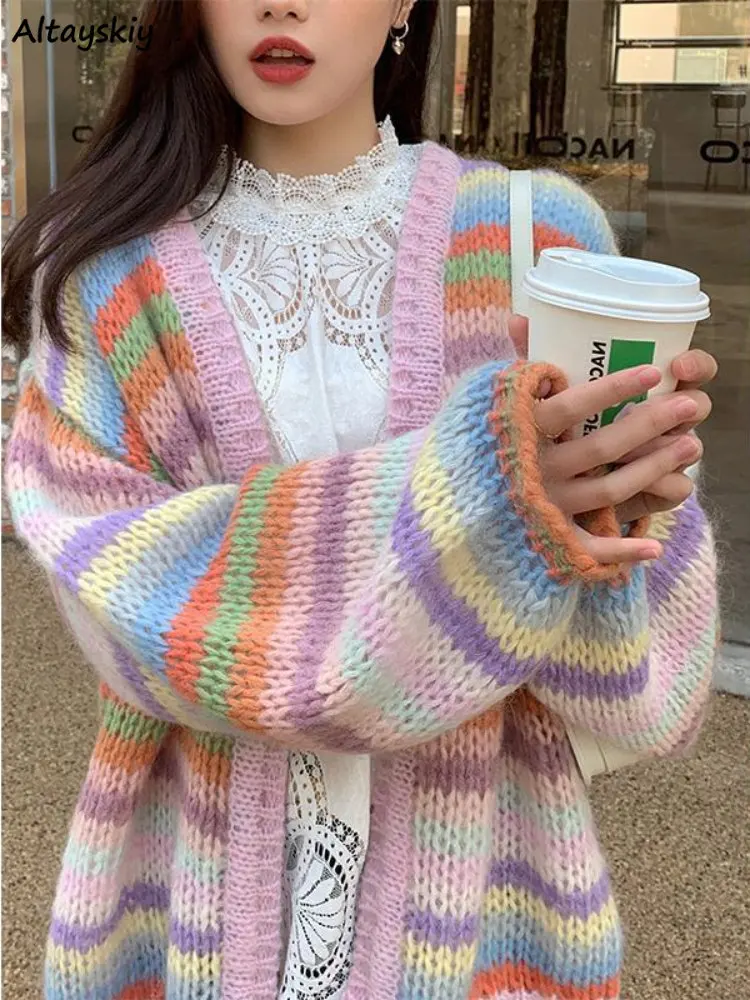 스트라이프 패널 가디건, 컬러풀한 올 매치 하라주쿠 배기 긴 소매 니트웨어, 대학 캐주얼 스웨터, 세련된 Y2k 의류