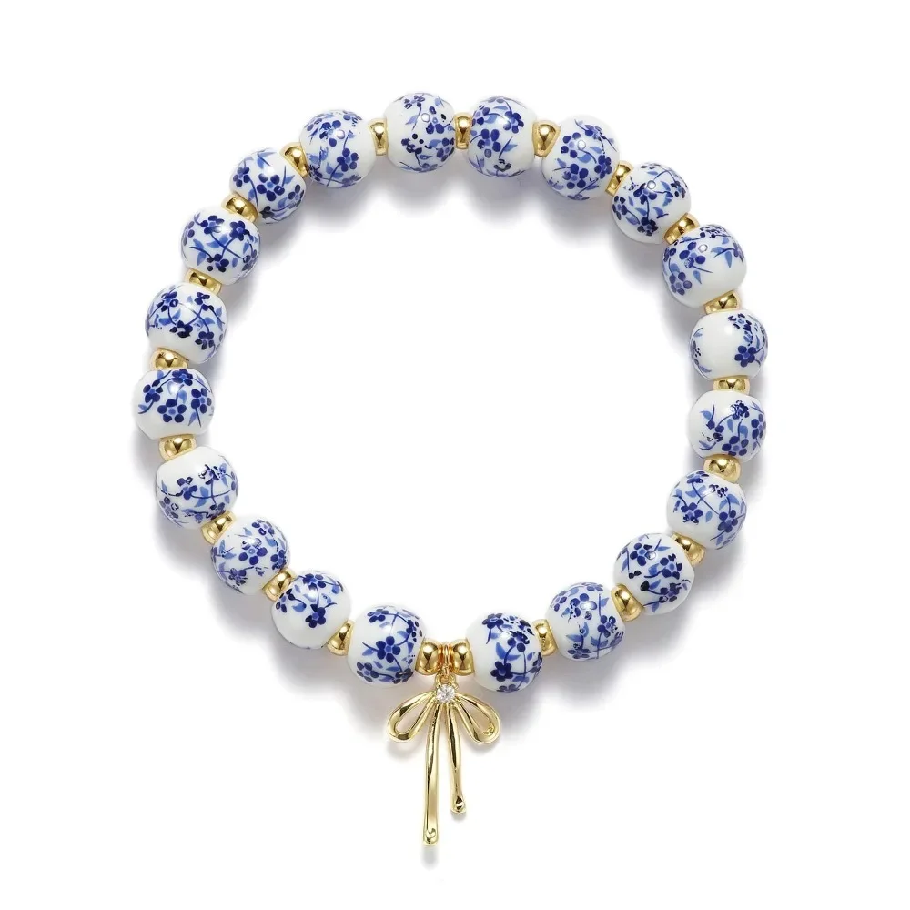 Fashion Blue and White Porcelain Handmade Weave Beads Bracelets Elastic Cord Adjustable Cute Girls Bowknot Pendant Hand Bangle