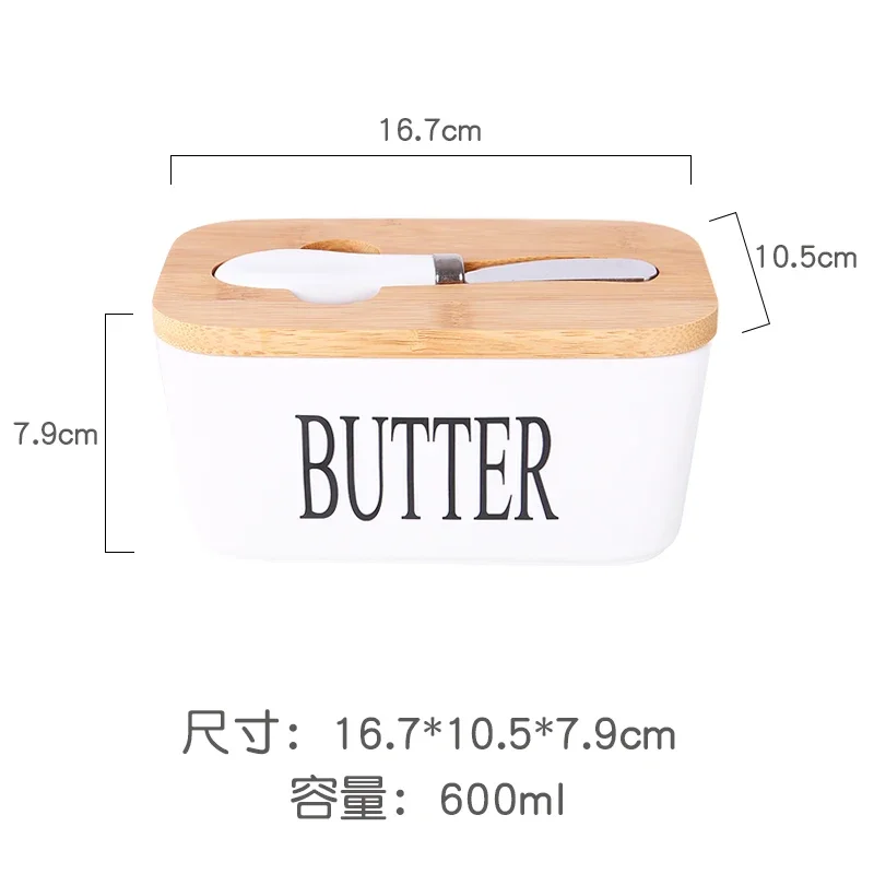 Wooden Cover Ceramic Butter Box Spatula Knife Sealed Fresh Butter Box Rectangular Kitchen Storage