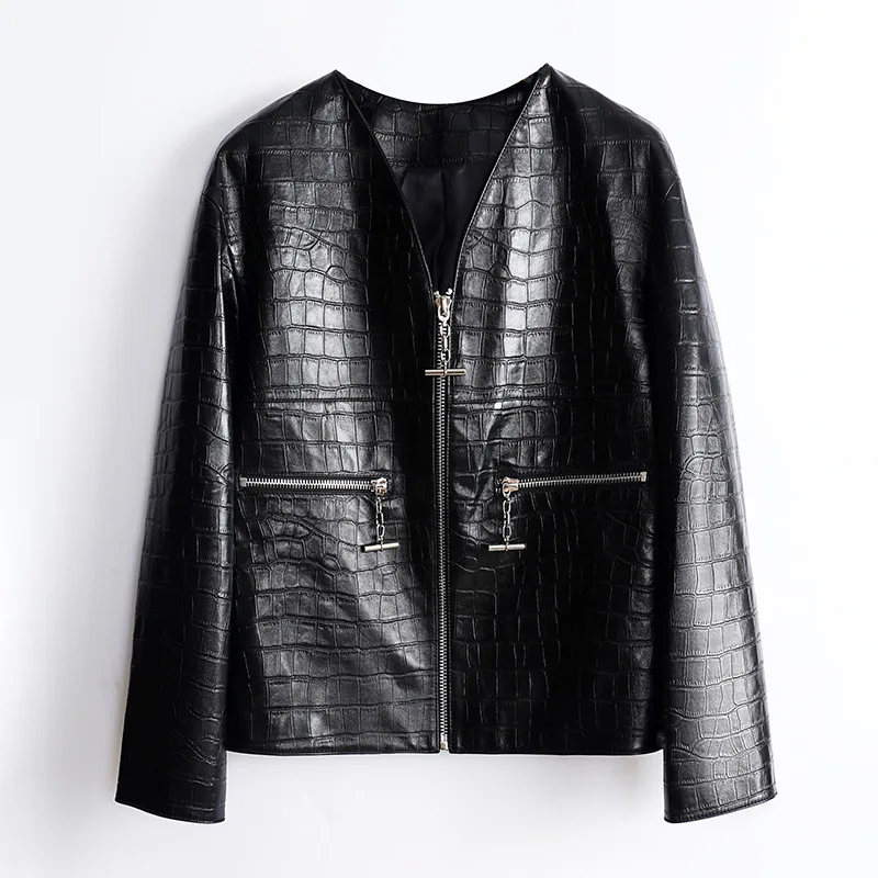 

Genuine leather jacket new sheep skin embossed design niche V-neck long sleeved crocodile pattern jacket for women