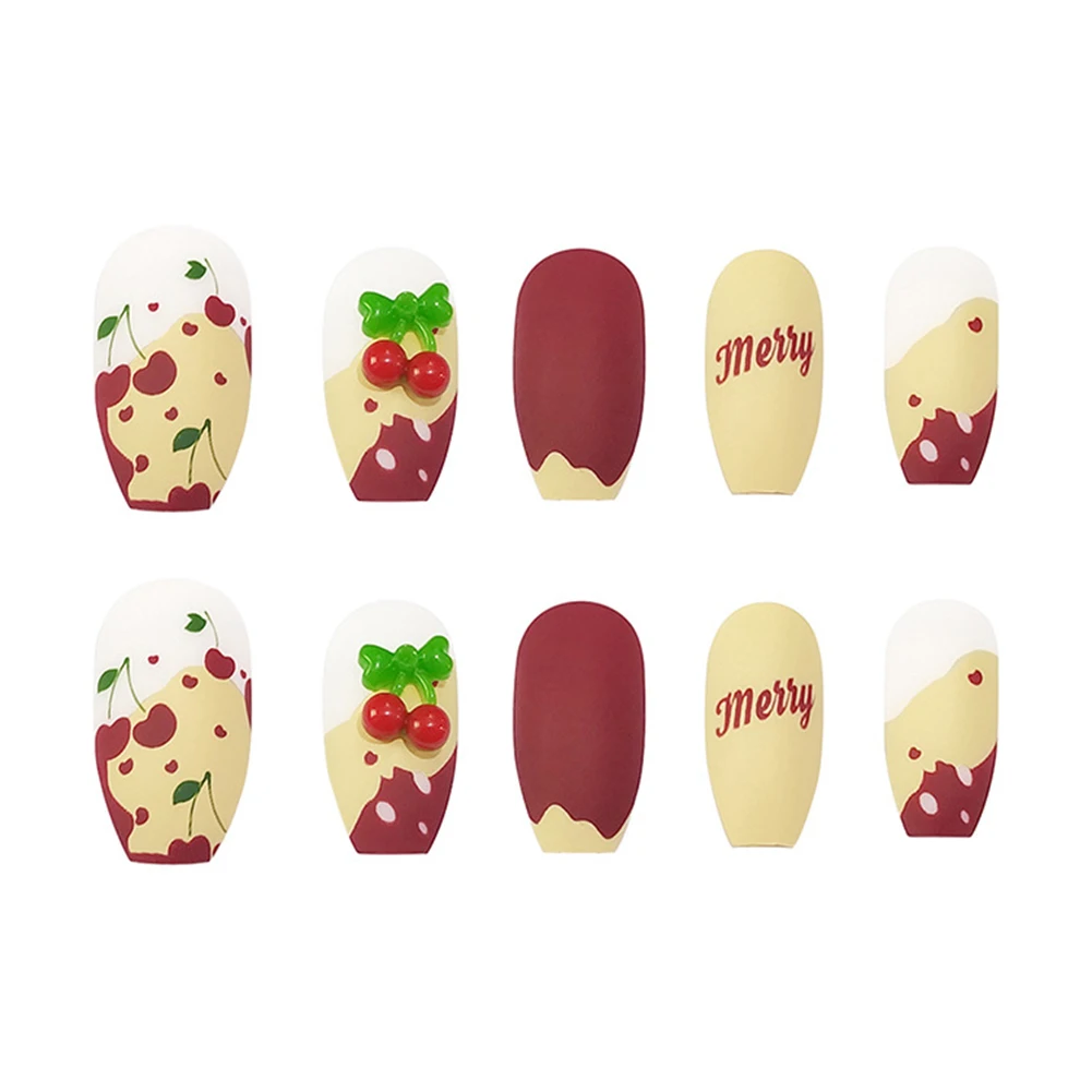 Cherry Print False Nails French Long Press On Nails Elegant Fingernails Sticker