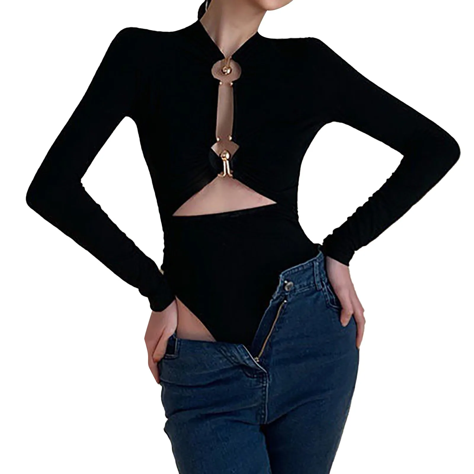 

Women's New Sexy Metal Slim Front Chest Slit Design Bottom Womens Short Sleeve Top Long Sleeve Tee Shirts for Women