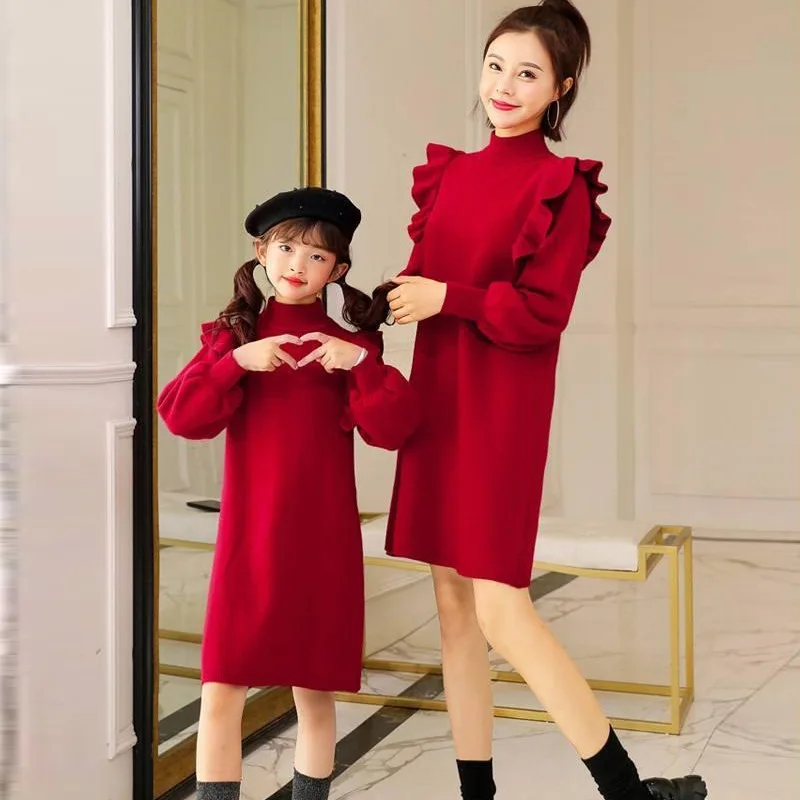 

Mommy Kid Girls Matching Dresses Set Family Mother Daughter Spring Full Length Solid Knitted Dress Outfits Mom Children Clothes