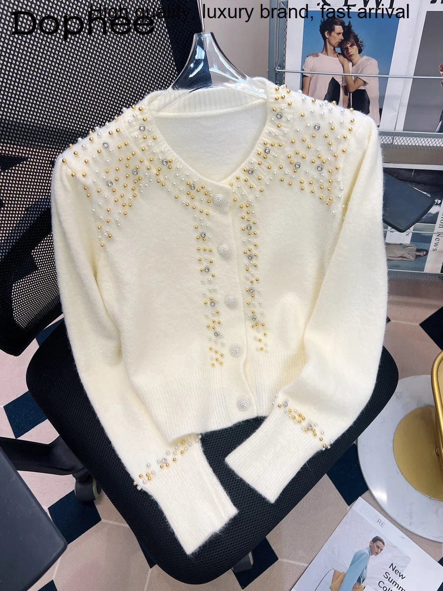 

Coat for Cardigan Women Autumn Winter New Design Temperament Heavy Industry Beads Diamond Round Neck Knitted Sweater Top