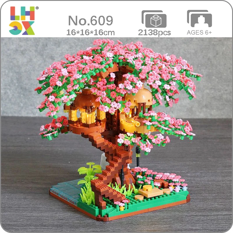 

LHCX 609 Architecture Sakura Flower Tree House Garden Swing River 3D Mini Diamond Blocks Bricks Building Toy for Children no Box