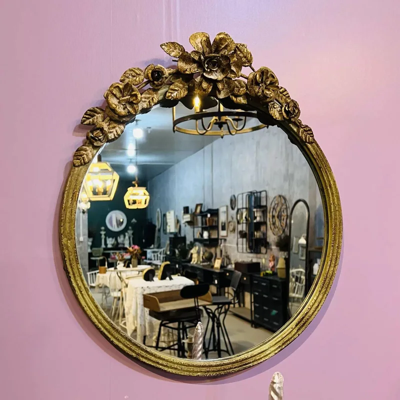 European Vintage Retro Iron Art Rose Decor Wall Hanging Mirror Round