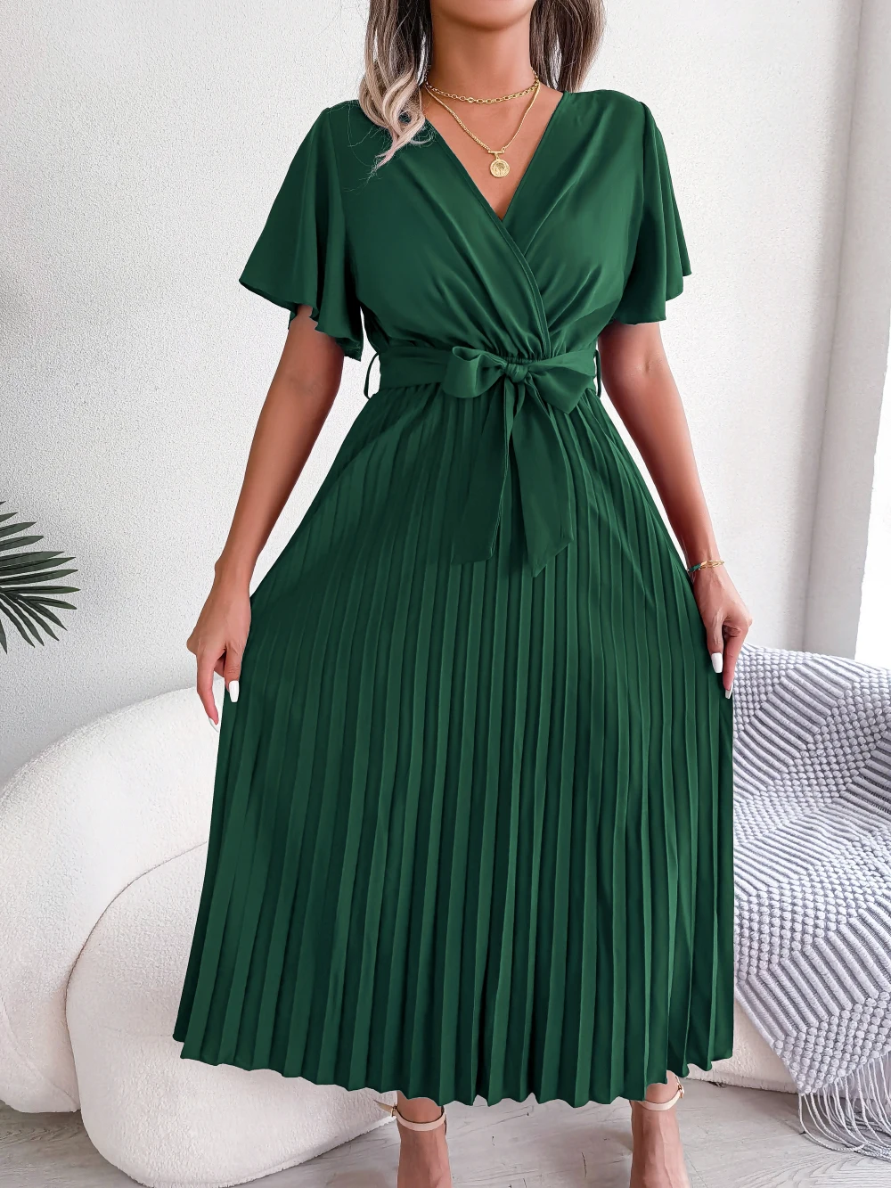 S229de69245af4312afe95c61423931fe1 Women Summer Casual V Neck Short Sleeve Pleated Chiffon Maxi Dress Black Red Green Clothing Mallzona