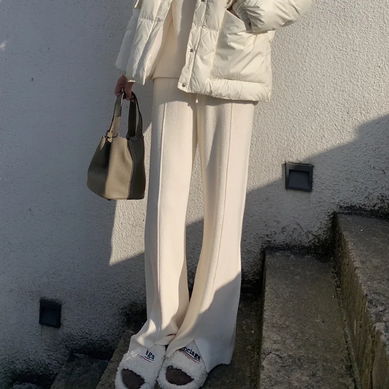 

2024 Cream White Front Slit Casual Knitted Wide- for Women High Waist Drooping Mop Trousers Straight-Leg Pants