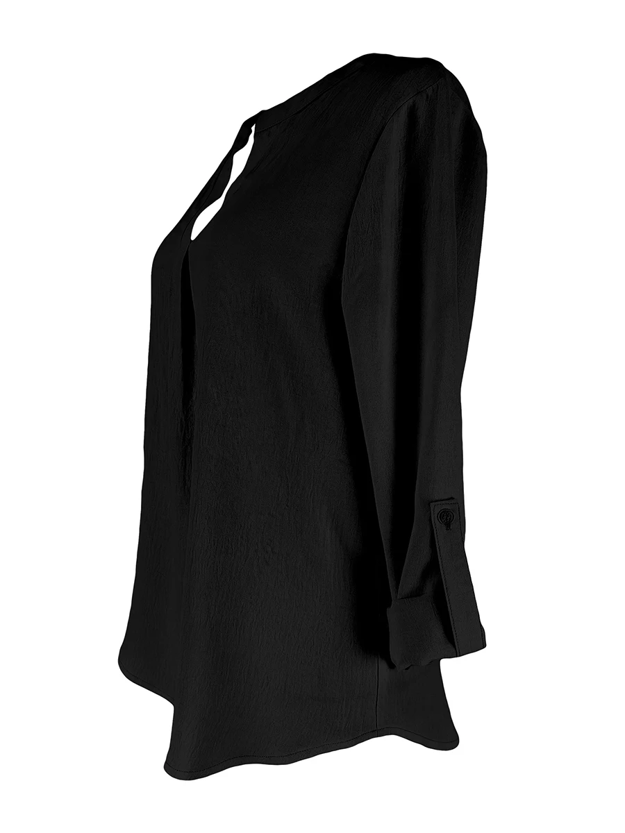 Chemisier élégant pour femme à col en V, manches longues retroussables, haut décontracté de couleur unie, chemise de travail ample pour le bureau, tunique féminine