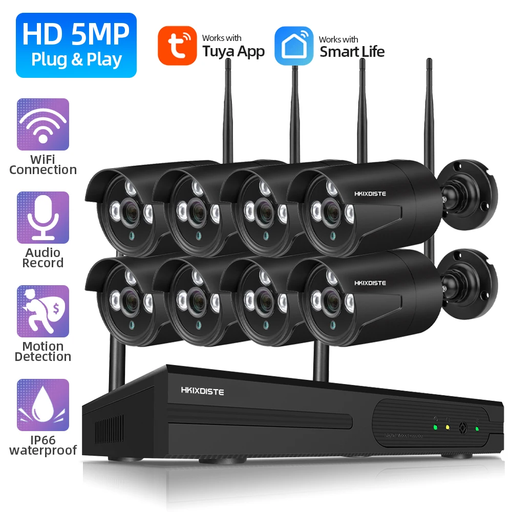 Kit Telecamere Di Sorveglianza Intelligente Tuya Da 5Mp 8Ch Wifi Videoregistratore Di Videosorveglianza Sistema Di Telecamere Di Sicurezza Ip Set Di T