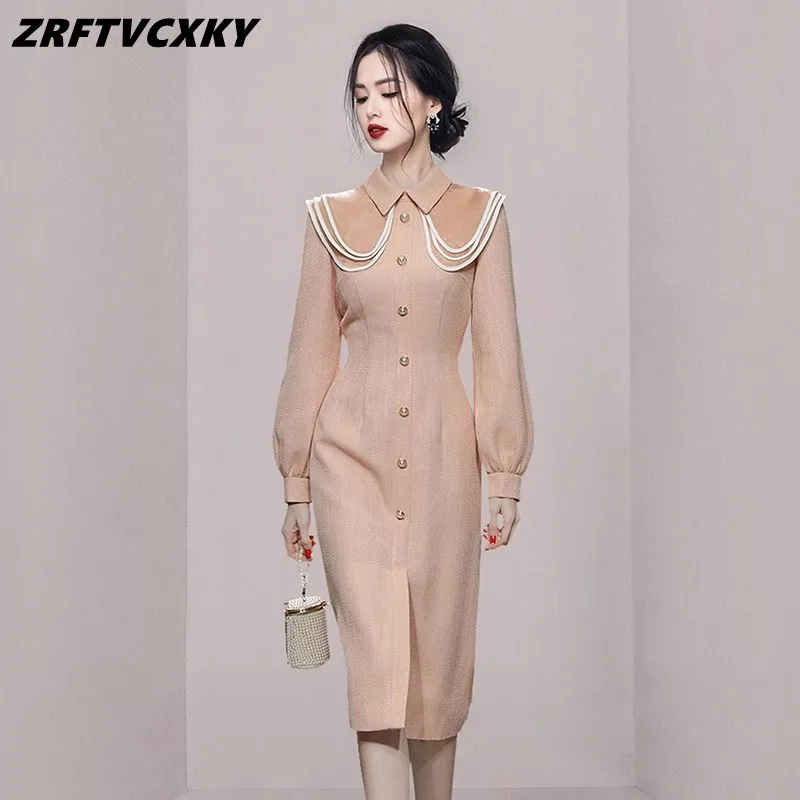 

New Fashion Multi-Layer Large Lapel Slim Dress For Women Autumn Sweet Single Breasted Pearl Button Bodycon Knee-Length Vestidos