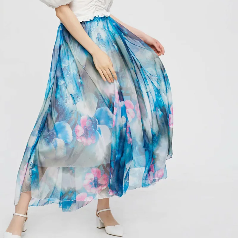 Women Patchwork A-line Thin Slim Temperament Vacation Skirt 2023 Summer New Chiffon Print Floral Pleated Skirts Female Boho Blue