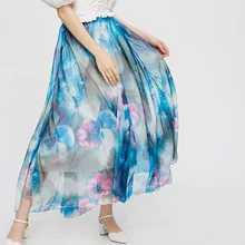 

Women Patchwork A-line Thin Slim Temperament Vacation Skirt 2021 Summer New Chiffon Print Floral Pleated Skirts Female Boho Blue