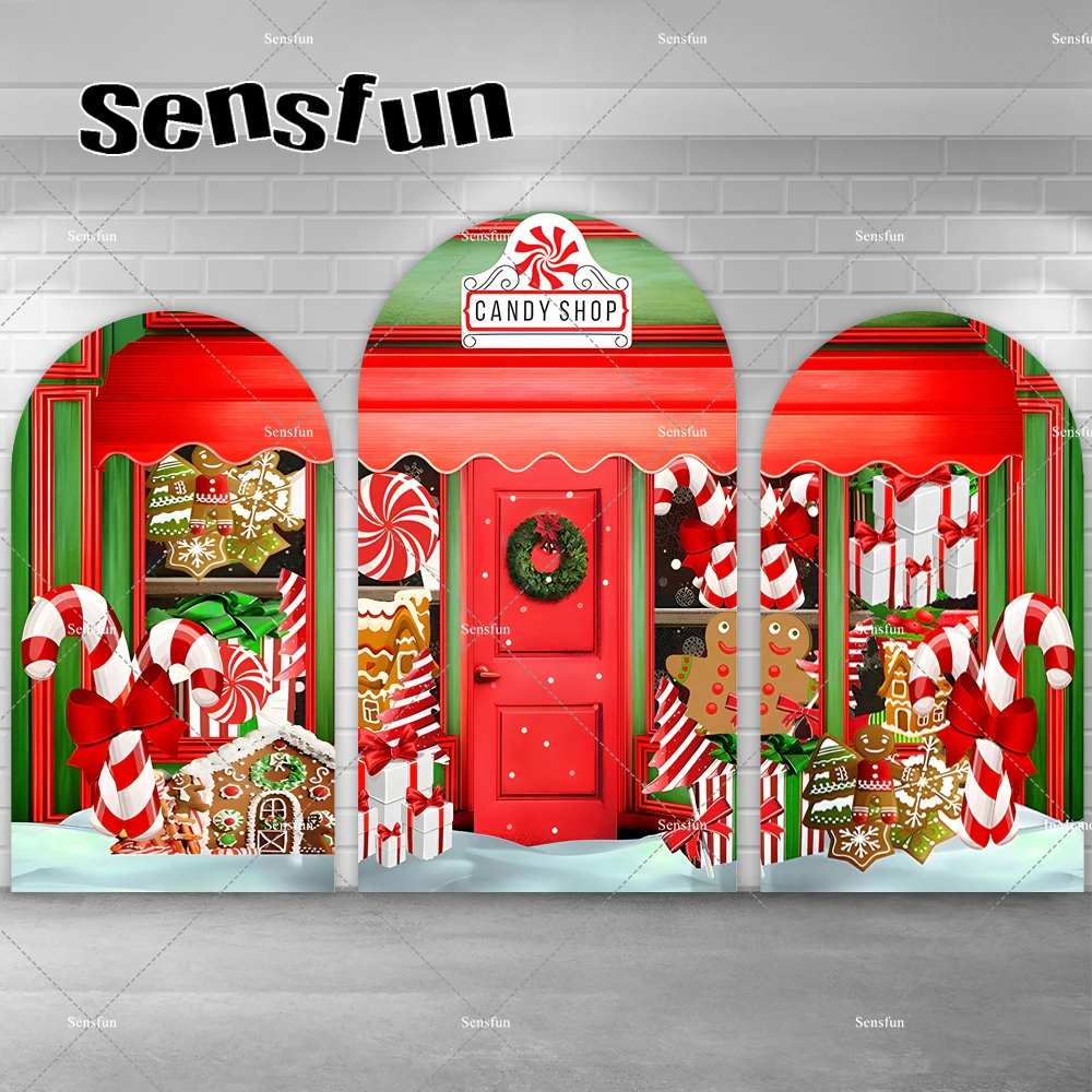 

Christmas Candy Shop Arch Backdrop Cover Red Merry Christmas Xmas Arch Background Gingerbread House Party Backgrounds