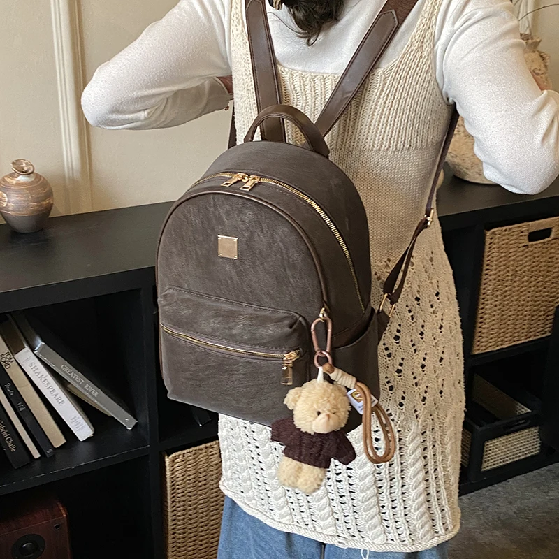 High Quality Fashion Backpacks For Women Pure Color Large Capacity Rucksack With Bear Pendant Casual Street Travelling Knapsacks - 2