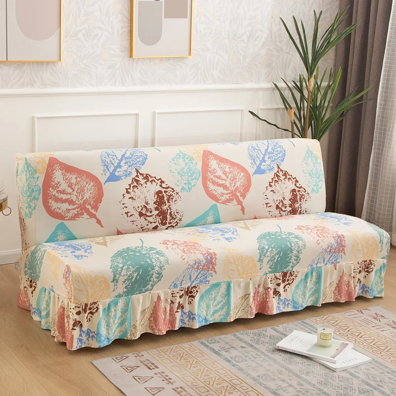 

Leaf prints Boho Stretch Ruffled Elastic Folding Sofa Cover Armless Couch Slipcover All-inclusive Sofa Bed Cover for Living Room