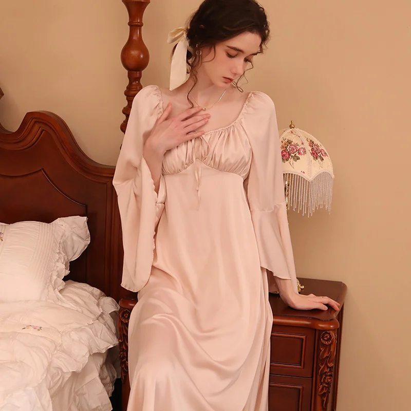 Spring Nightdress Women Ice Silk Long Sleeve Long Loose Elegant Retro Nightgowns Sleepwear Pijama Sleepshirt Home Dressing Gown