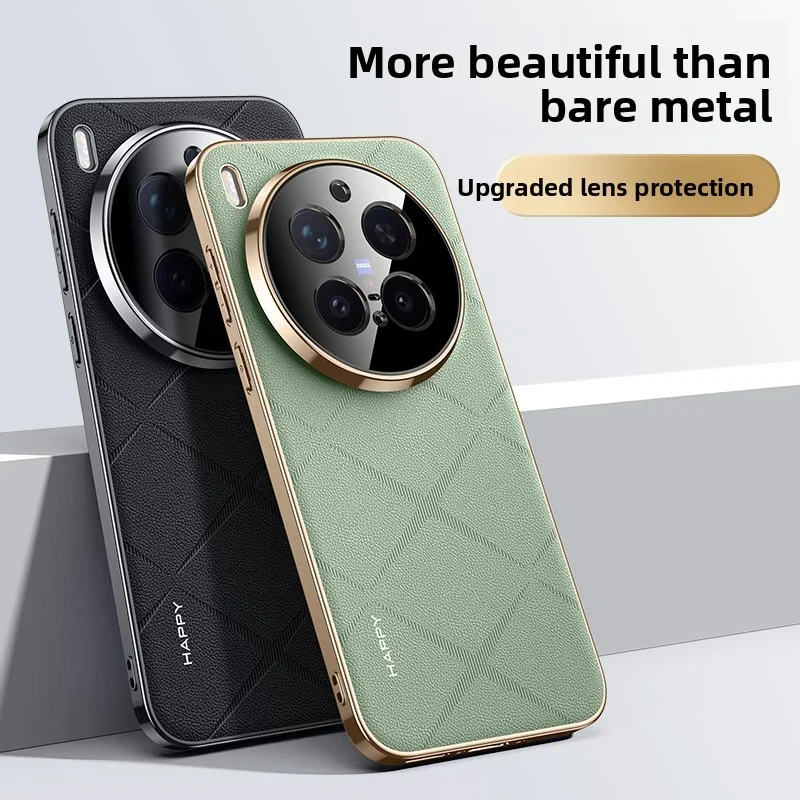 Luxury Leather Plating Frame Case with Camera Protection and Shockproof Bumper Cover