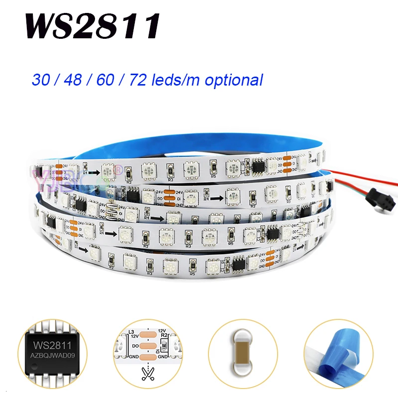 

12V 24V 5m WS2811 LED Strip pixel IC addressable Light bar 30/48/60/72leds/m 5050 RGB full color flexible Lamp Tape IP30/65/67