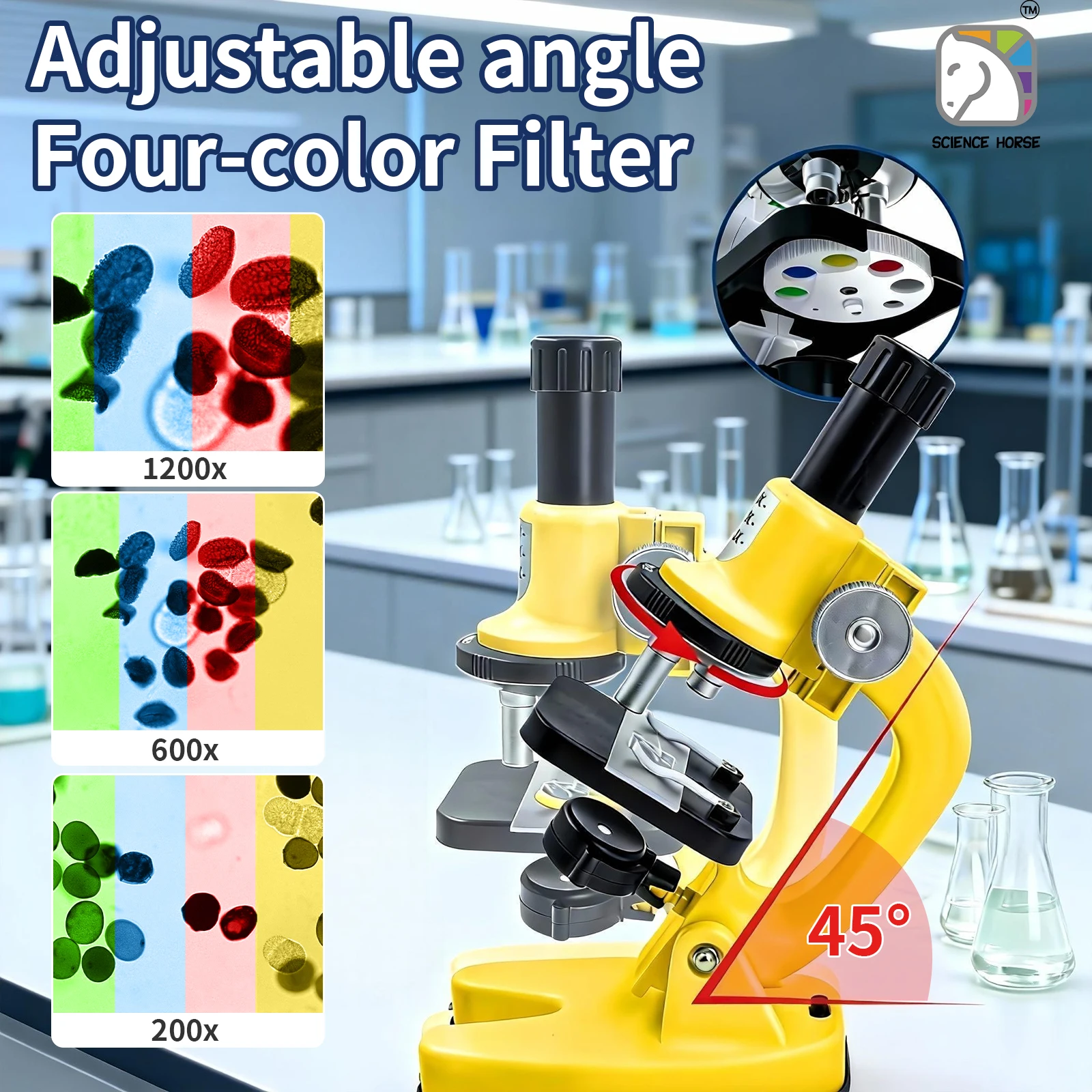1PC SCIENCE HORSE 어린이 생물학 현미경 200X1200X 고배율 키트 노란색 3 렌즈 4 컬러 필터 휴대 전화
