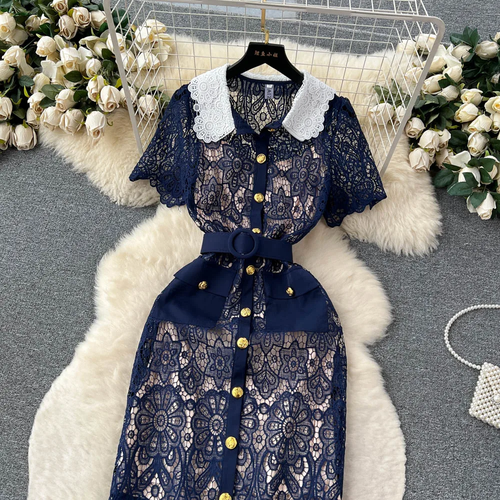 Sexy Chic lace Embroidery Turn-down Collar Dress vintage Elegant Korean Fashion Party Basic Slim Summer dresses