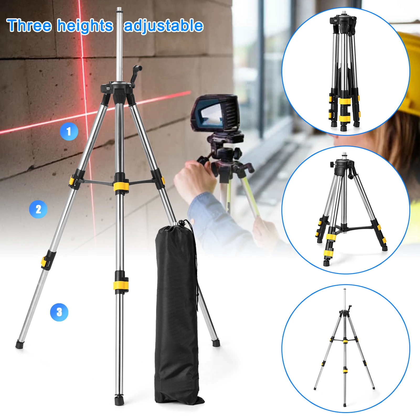 1.2M Three Height Adjustment Stainless Steel Extension Bar Tripod Stand Bubble-