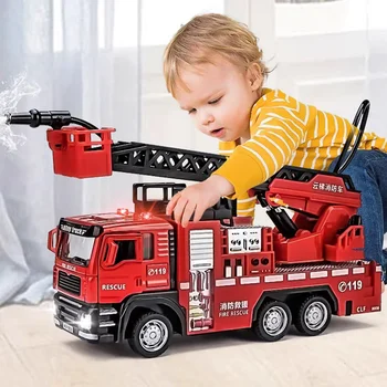 1/32 Fire Engine Car Toy Model with Sound Light Ladder Fire Truck Wheel Pull Back Sprinkler Rescue Vehicle Boys Decoration Gifts 1