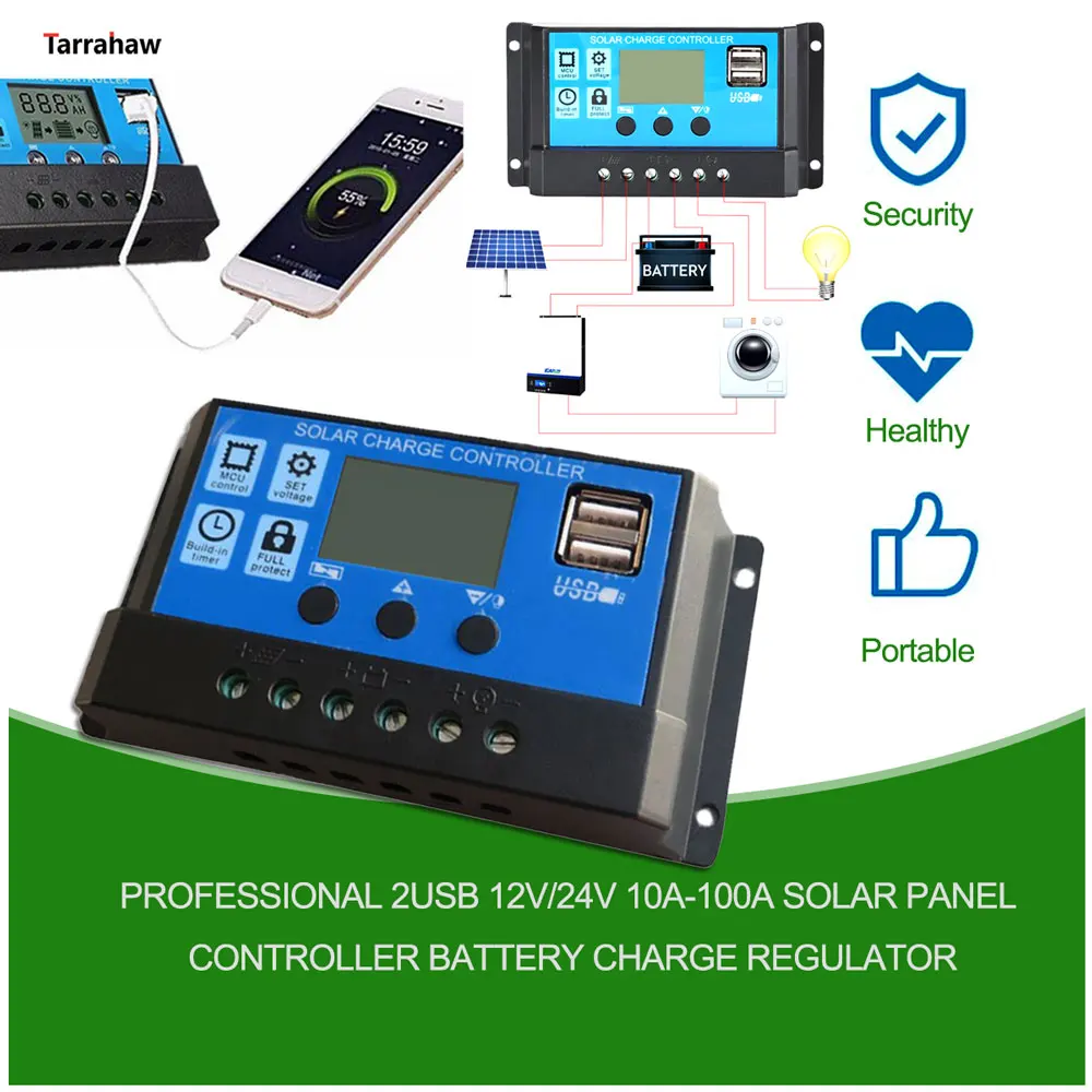 Contencinty - Controlador De Carga Solar MPPT 100A, 12V/24V, Pantalla LCD, Con Puerto USB