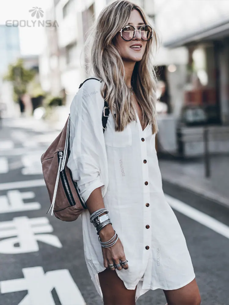 Casual Bikini Cover-ups Sexy Button Front Open Mini Dress White Tunic Women Summer Beach Wear Swim Suit Cover Up Q648