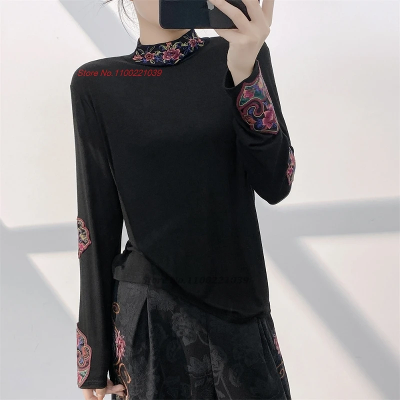 chinese traditional stand collar shirt national flower embroidery folk shirt oriental ethnic base retro hanfu tops