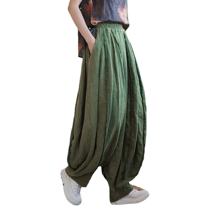 

Spring Summer Women's Cotton Ramie Patchwork Loose Casual Bloomers Long Pants