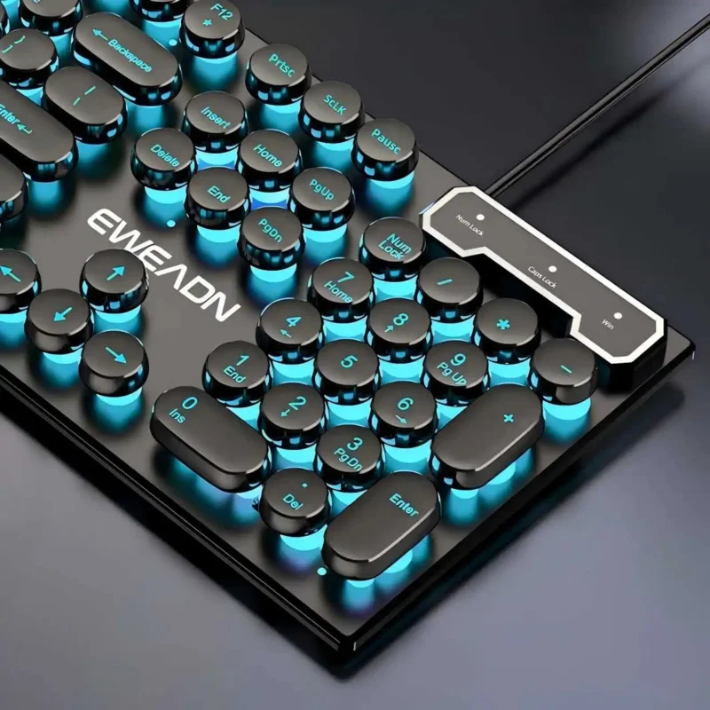 EWEADN Typewriter Gaming Keyboard, 104 Keys, Retro Punk Round Keycaps, Blue Backlight, USB Wired, for Windows PC/Laptop - Image 6