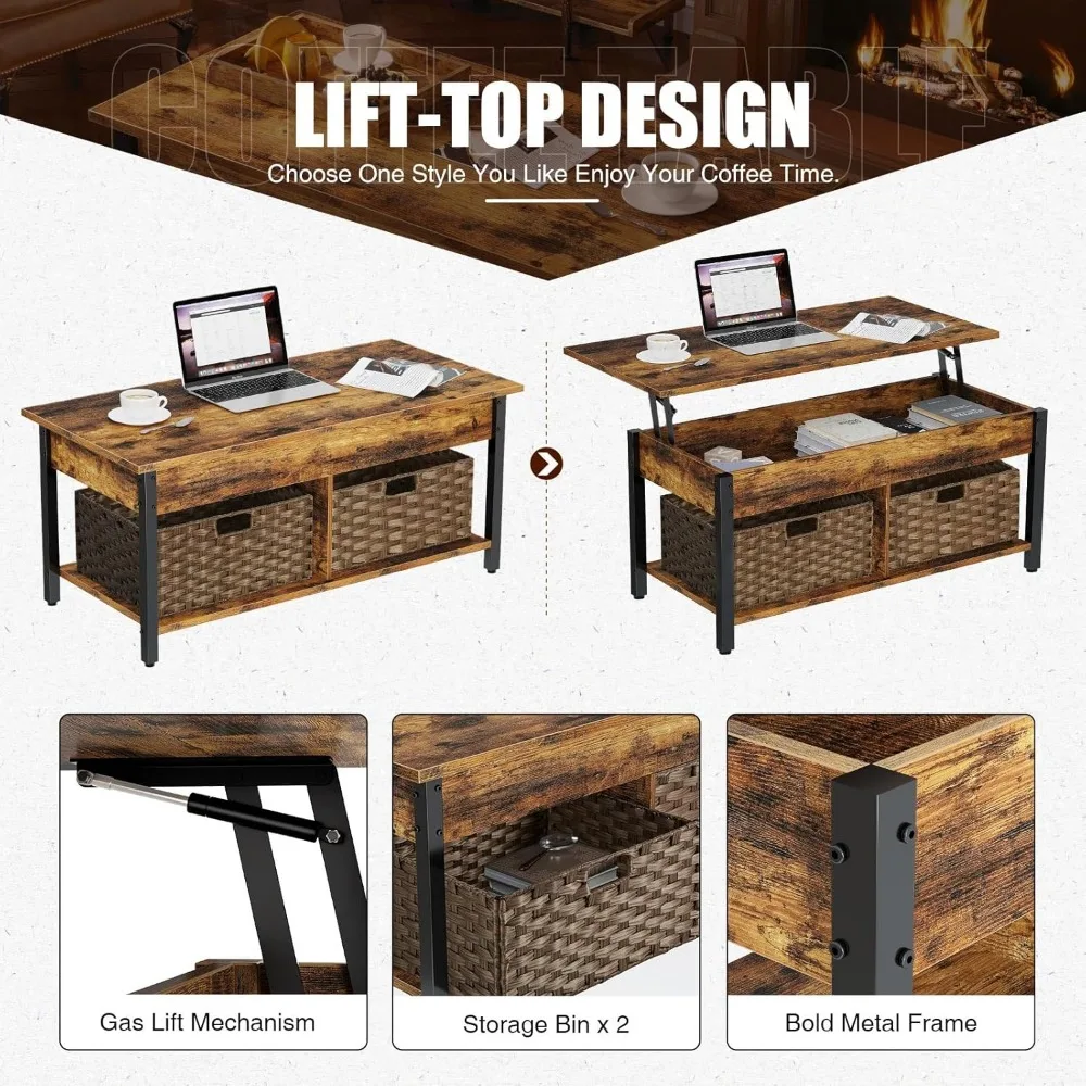 Hidden Storage Compartment and 2 Rattan Baskets, 41.7" Retro Central Table, Rustic Brown, Café Tables 6