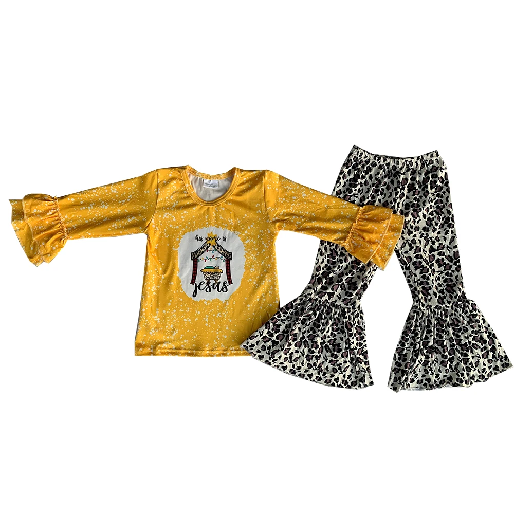 

Boutique Kids Christmas Outfits Cartoon Jesus Long Sleeves Top Leopard Bell Bottom Pants Girls Set
